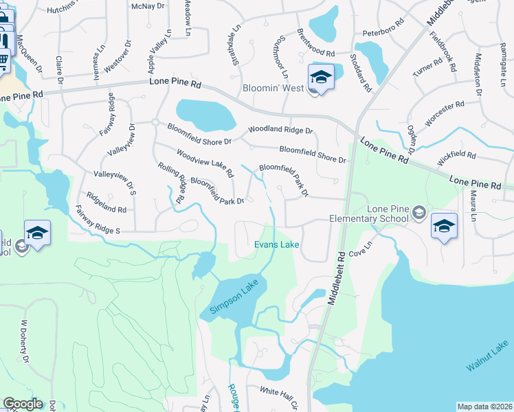 map of restaurants, bars, coffee shops, grocery stores, and more near 3229 Bloomfield Park Drive in Oakland County