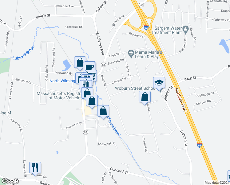 map of restaurants, bars, coffee shops, grocery stores, and more near 4 Pineridge Road in Wilmington