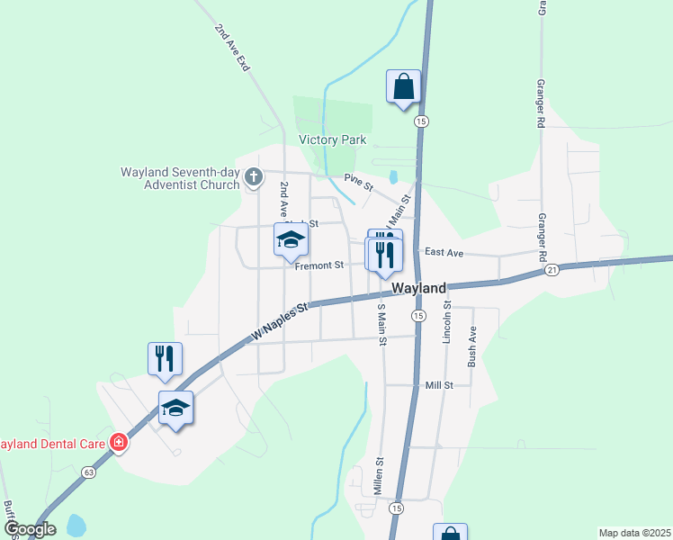 map of restaurants, bars, coffee shops, grocery stores, and more near 105 Fremont St in Wayland