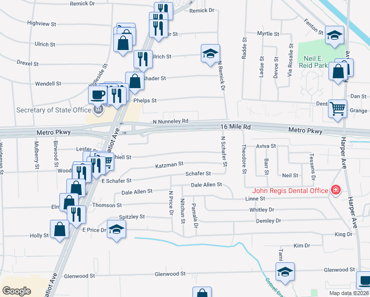 map of restaurants, bars, coffee shops, grocery stores, and more near 22935 Shiell Street in Macomb County
