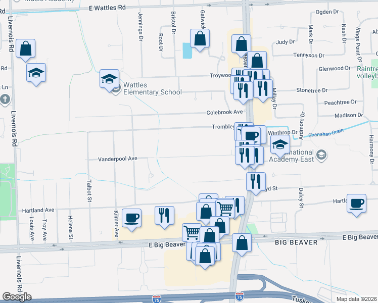 map of restaurants, bars, coffee shops, grocery stores, and more near 745 Vanderpool Drive in Troy