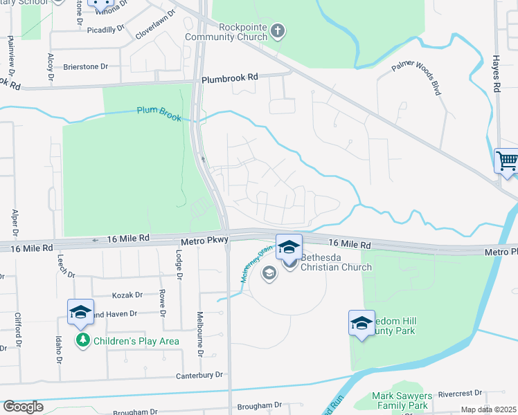 map of restaurants, bars, coffee shops, grocery stores, and more near 13990 Camelot Drive in Sterling Heights