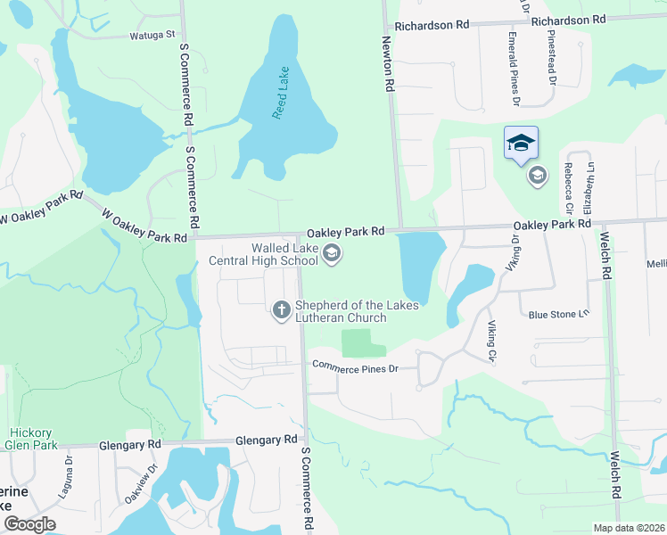 map of restaurants, bars, coffee shops, grocery stores, and more near 1600 Oakley Park Road in Commerce Charter Township