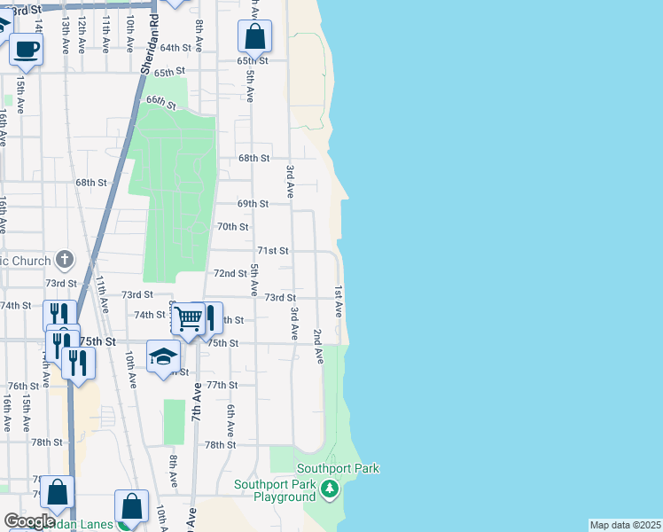 map of restaurants, bars, coffee shops, grocery stores, and more near 7114 1st Avenue in Kenosha