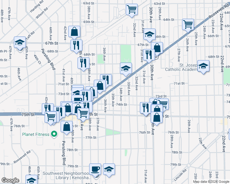 map of restaurants, bars, coffee shops, grocery stores, and more near 7209 35th Avenue in Kenosha