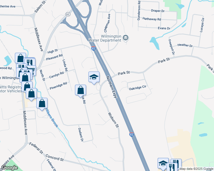 map of restaurants, bars, coffee shops, grocery stores, and more near Northern Expressway in Wilmington