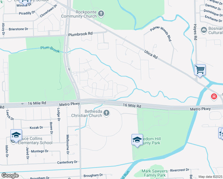 map of restaurants, bars, coffee shops, grocery stores, and more near 14230 Camelot Drive in Sterling Heights