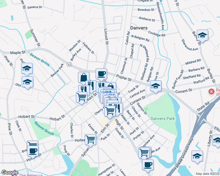 map of restaurants, bars, coffee shops, grocery stores, and more near 13 Oak Street in Danvers