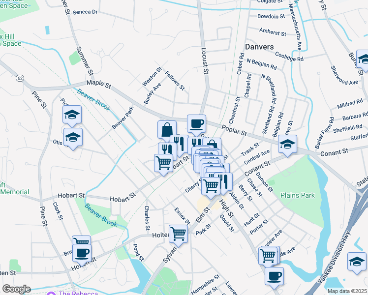 map of restaurants, bars, coffee shops, grocery stores, and more near in Danvers