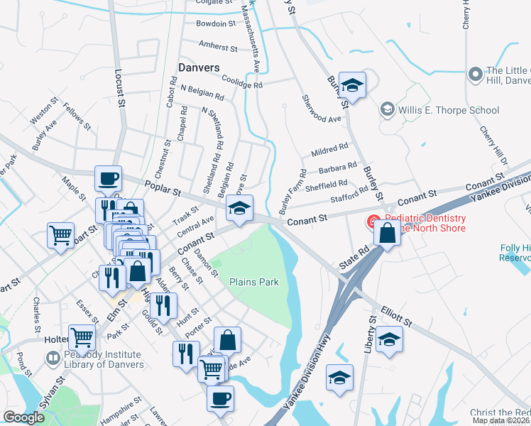 map of restaurants, bars, coffee shops, grocery stores, and more near 2 Burley Farm Road in Danvers
