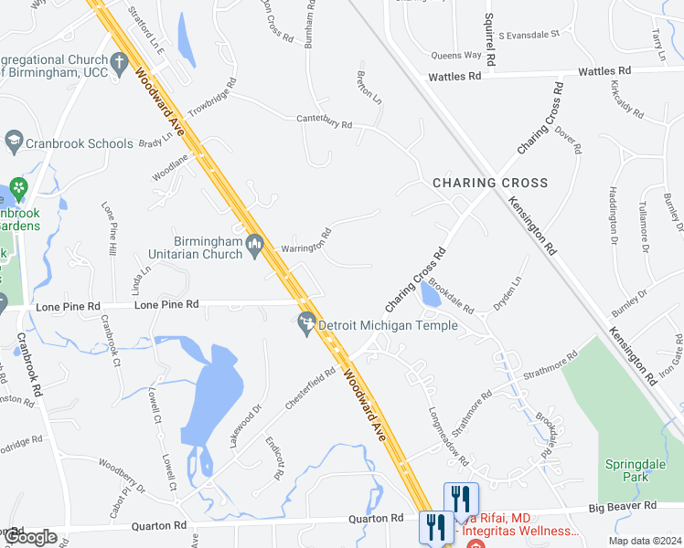 map of restaurants, bars, coffee shops, grocery stores, and more near 232 Charing Cross Court in Bloomfield Hills
