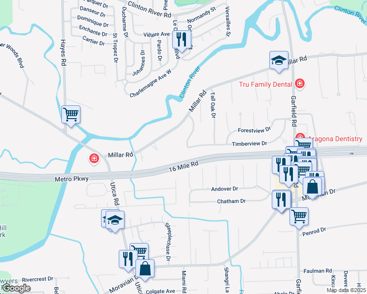 map of restaurants, bars, coffee shops, grocery stores, and more near 37117 Woodpointe Drive in Clinton Township