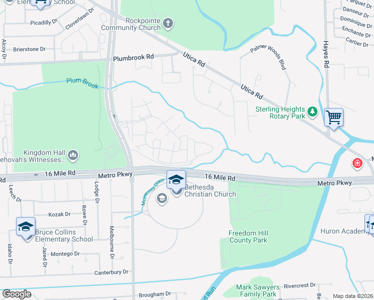 map of restaurants, bars, coffee shops, grocery stores, and more near 14230 Camelot Drive in Sterling Heights