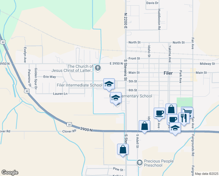 map of restaurants, bars, coffee shops, grocery stores, and more near 833 6th Street in Filer