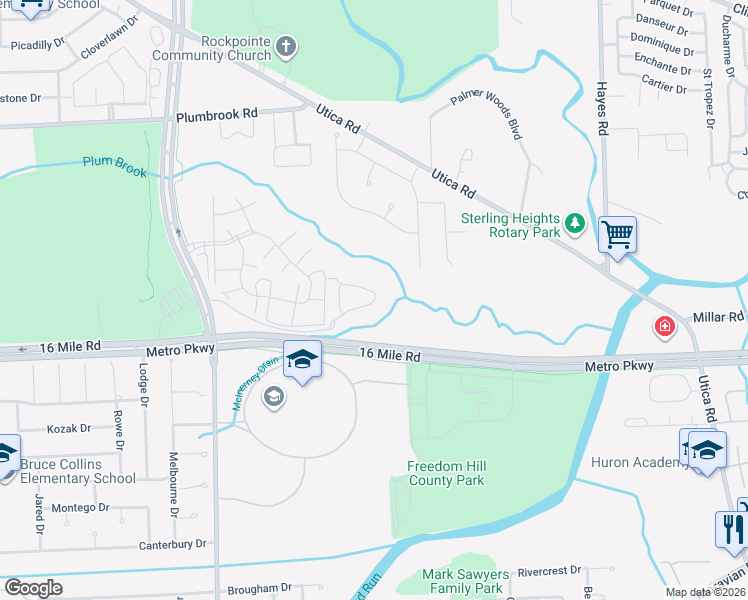 map of restaurants, bars, coffee shops, grocery stores, and more near 14414 Shadywood Drive in Sterling Heights