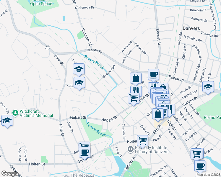 map of restaurants, bars, coffee shops, grocery stores, and more near 12 Roosevelt Avenue in Danvers