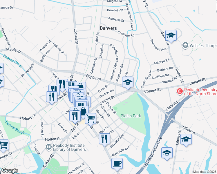 map of restaurants, bars, coffee shops, grocery stores, and more near 44 Central Avenue in Danvers