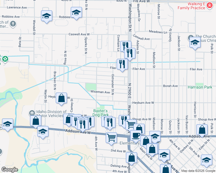 map of restaurants, bars, coffee shops, grocery stores, and more near 223 Borah Avenue West in Twin Falls