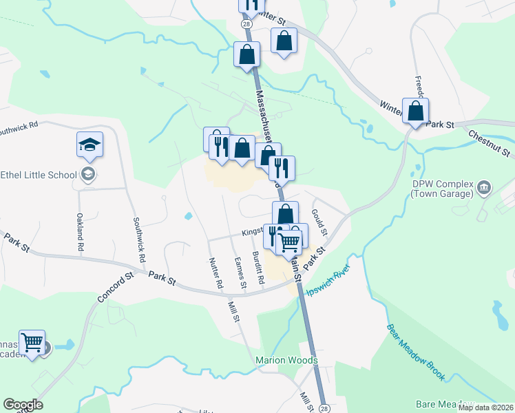 map of restaurants, bars, coffee shops, grocery stores, and more near 40 Main Street in North Reading