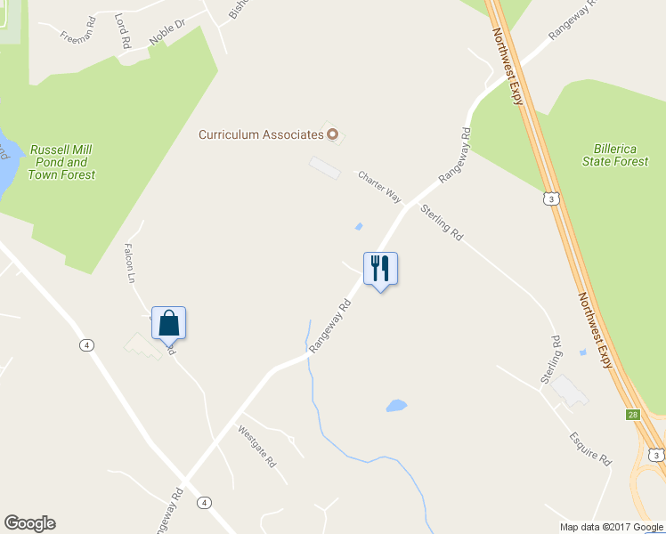 map of restaurants, bars, coffee shops, grocery stores, and more near 218 Rangeway Road in Billerica