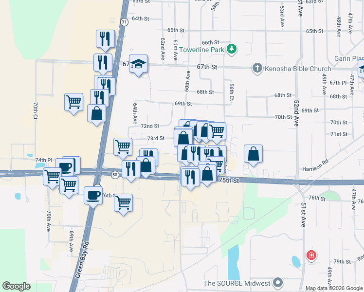 map of restaurants, bars, coffee shops, grocery stores, and more near 10222 74th Street in Kenosha