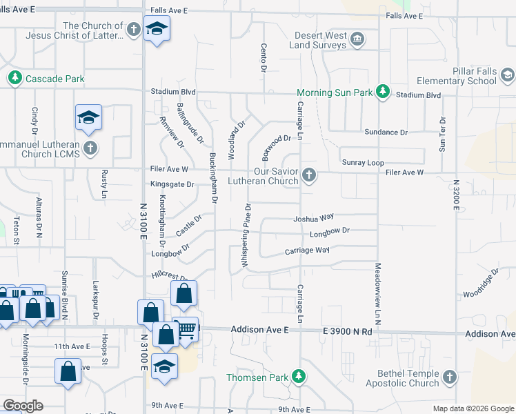 map of restaurants, bars, coffee shops, grocery stores, and more near 2488 Cedar Ridge Road in Twin Falls