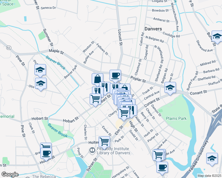 map of restaurants, bars, coffee shops, grocery stores, and more near in Danvers