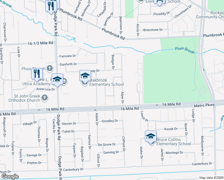 map of restaurants, bars, coffee shops, grocery stores, and more near 37239 Belcrest Drive in Sterling Heights