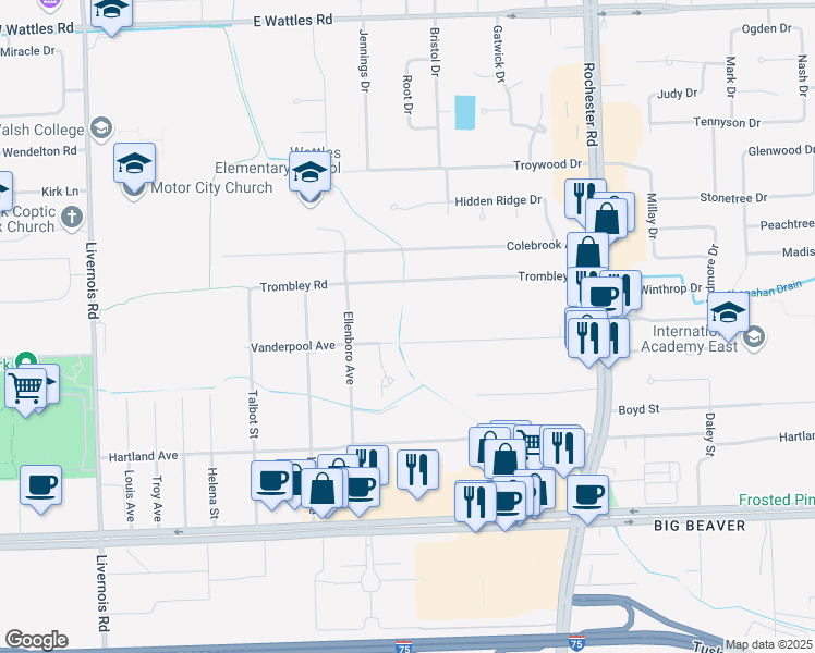 map of restaurants, bars, coffee shops, grocery stores, and more near 625 Vanderpool Drive in Troy