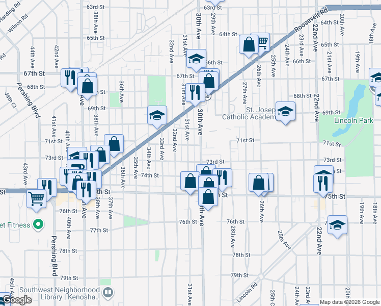 map of restaurants, bars, coffee shops, grocery stores, and more near 7201 31st Avenue in Kenosha