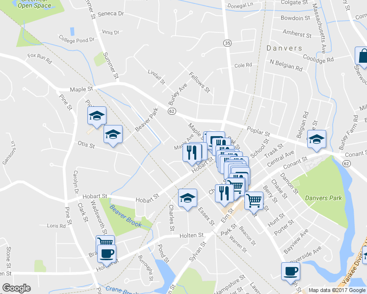 map of restaurants, bars, coffee shops, grocery stores, and more near 18 Maple Avenue in Danvers