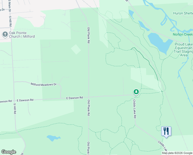 map of restaurants, bars, coffee shops, grocery stores, and more near 1581 Old Plank Road in Milford Charter Township