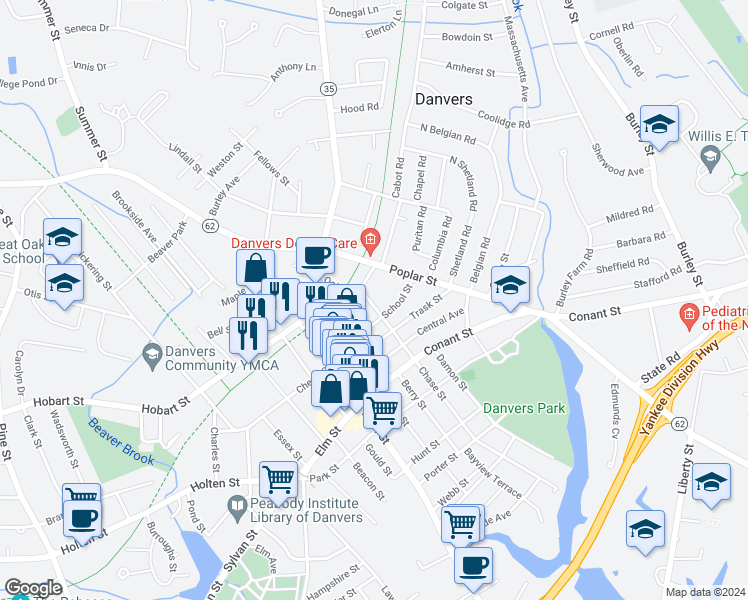 map of restaurants, bars, coffee shops, grocery stores, and more near 14 Franklin Street in Danvers