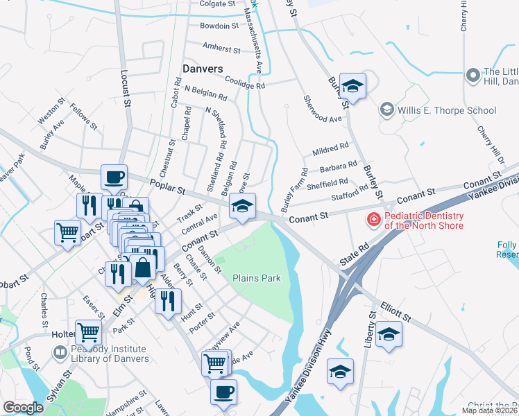 map of restaurants, bars, coffee shops, grocery stores, and more near 94 Poplar Street in Danvers