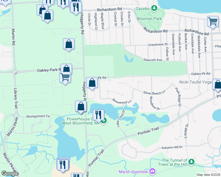 map of restaurants, bars, coffee shops, grocery stores, and more near 4618 Lilly Court in West Bloomfield Township