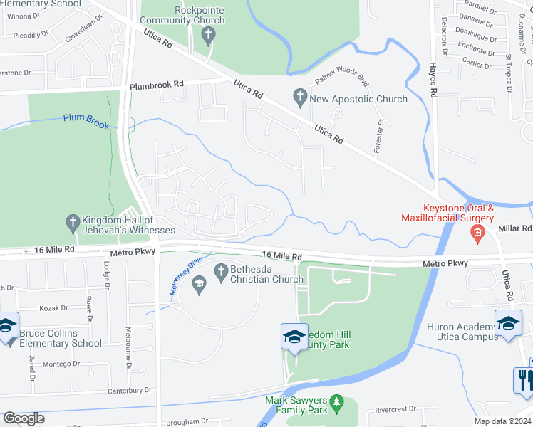 map of restaurants, bars, coffee shops, grocery stores, and more near 14414 Shadywood Drive in Sterling Heights