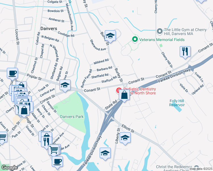 map of restaurants, bars, coffee shops, grocery stores, and more near 103 Conant Street in Danvers
