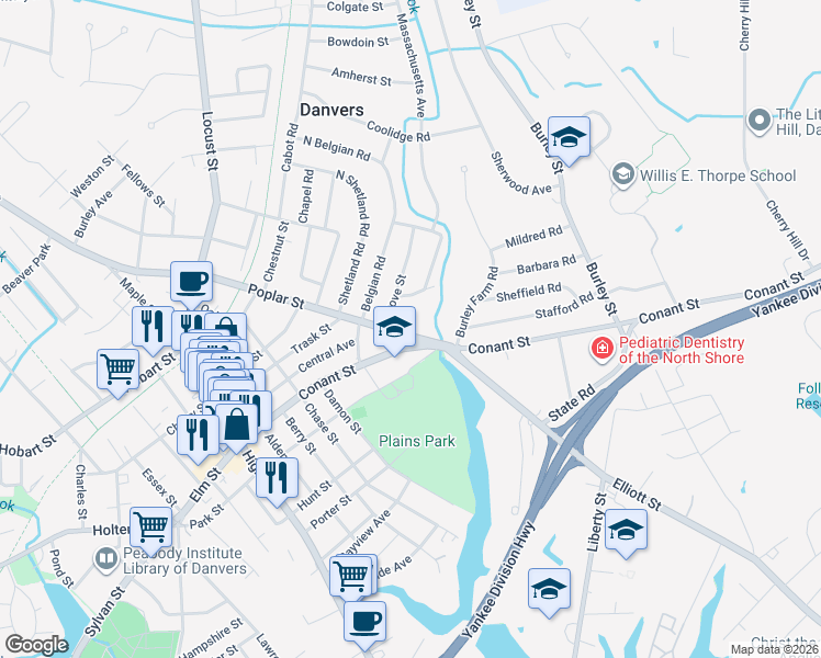 map of restaurants, bars, coffee shops, grocery stores, and more near 94 Poplar Street in Danvers