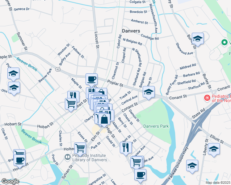 map of restaurants, bars, coffee shops, grocery stores, and more near 14 Franklin Street in Danvers