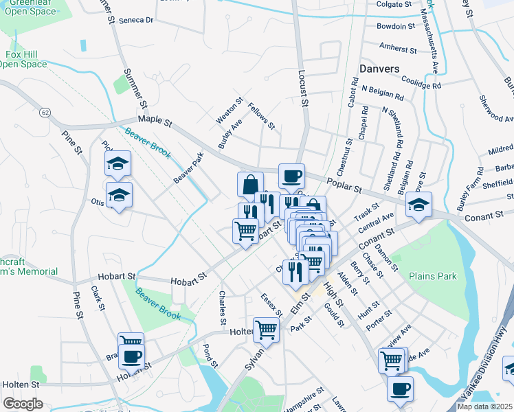 map of restaurants, bars, coffee shops, grocery stores, and more near 2 Putnam Court in Danvers