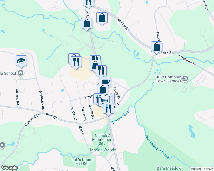 map of restaurants, bars, coffee shops, grocery stores, and more near 14 Gould Street in North Reading