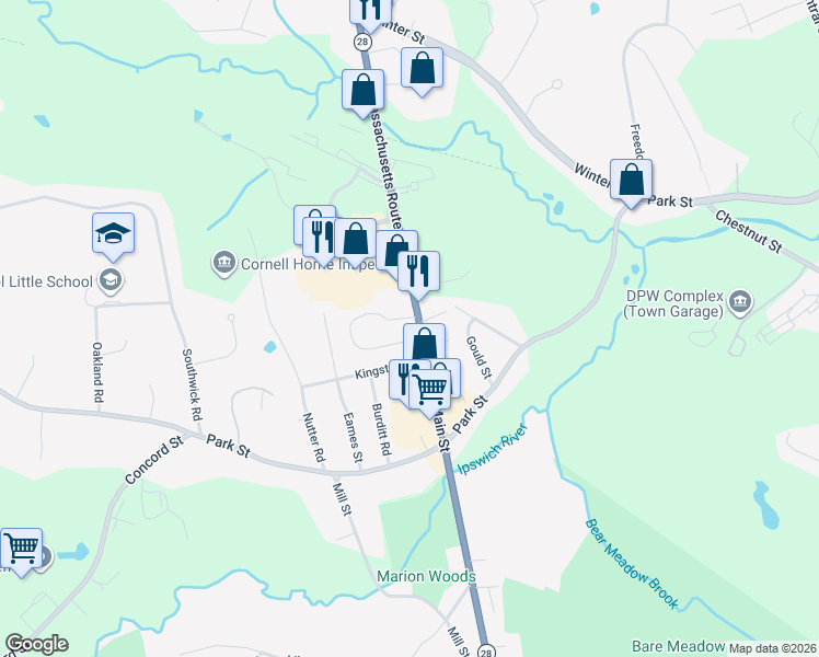 map of restaurants, bars, coffee shops, grocery stores, and more near 36 Main Street in North Reading