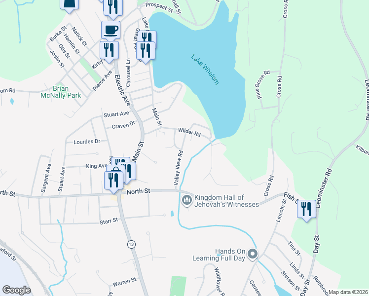 map of restaurants, bars, coffee shops, grocery stores, and more near 32 Valley View Road in Leominster