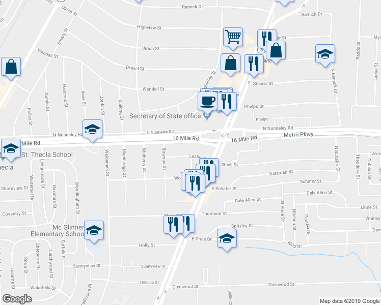 map of restaurants, bars, coffee shops, grocery stores, and more near 22024 Lester Street in Clinton Township