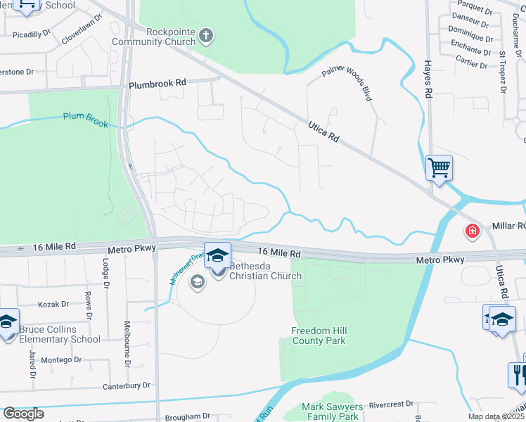 map of restaurants, bars, coffee shops, grocery stores, and more near 14414 Shadywood Drive in Sterling Heights
