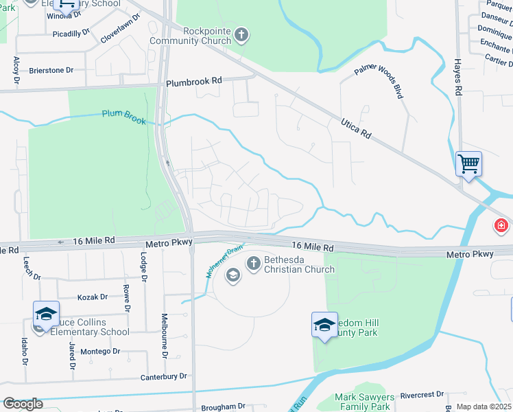 map of restaurants, bars, coffee shops, grocery stores, and more near 14140 Merriweather Street in Sterling Heights