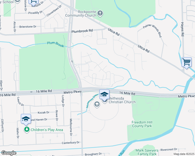 map of restaurants, bars, coffee shops, grocery stores, and more near 14140 Merriweather Street in Sterling Heights