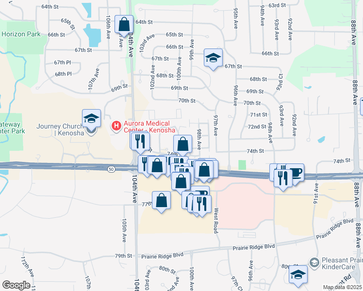 map of restaurants, bars, coffee shops, grocery stores, and more near 10020 74th Street in Kenosha