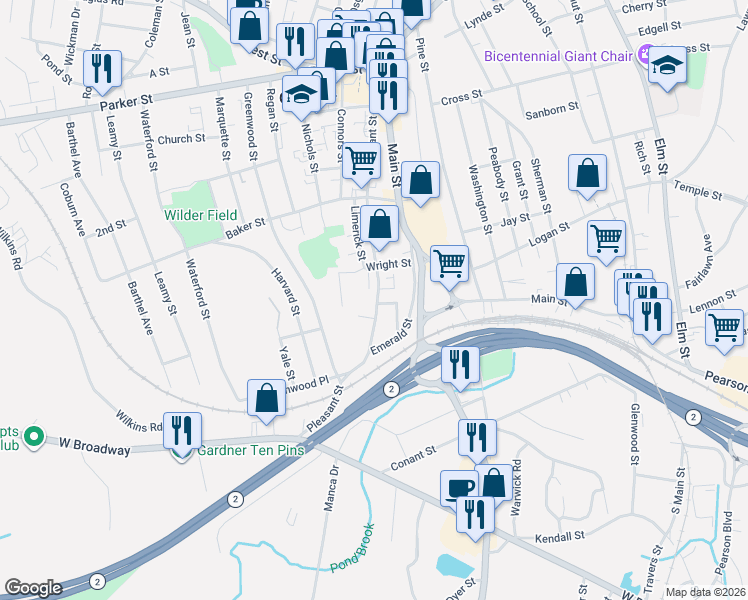 map of restaurants, bars, coffee shops, grocery stores, and more near 81 Limerick Street in Gardner