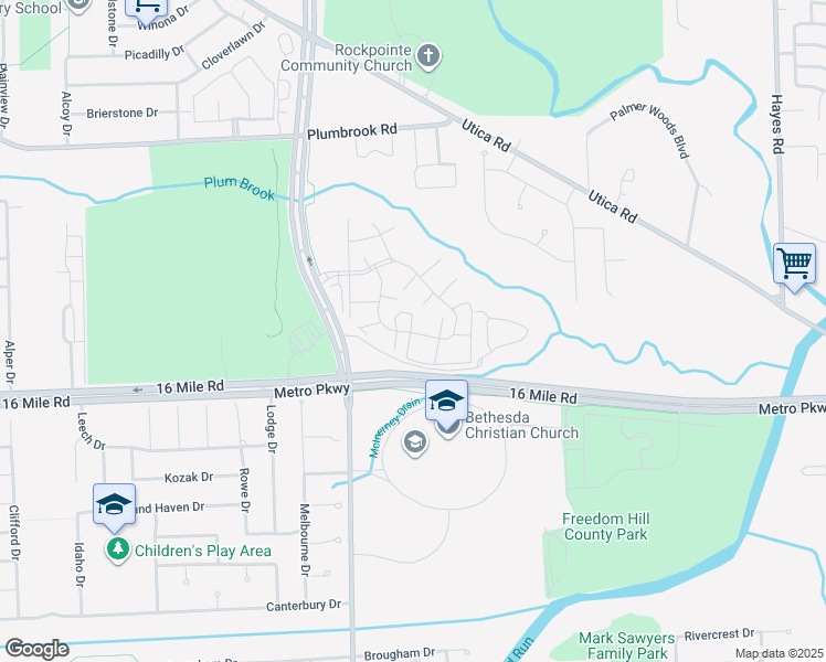 map of restaurants, bars, coffee shops, grocery stores, and more near 13990 Camelot Drive in Sterling Heights